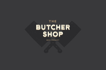 Logo butcher shop with picture of silhouettes two kitchen hatchet. Design elements for meat stores, packaging and advertising. Vector Illustration.