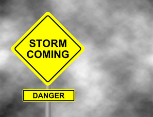 Danger storm coming road sign . Yellow hazard warning sign against grey sky - tornado warning, bad weather warning, vector illustration. Hurricane season with symbol sign against a stormy background. - obrazy, fototapety, plakaty
