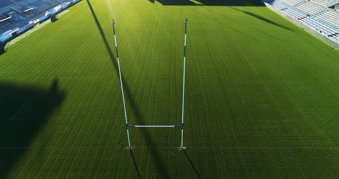 Rugby field in aerial view. Perfect view of a sport field. Leisure and professional activity.