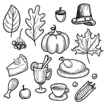 Happy thanksgiving food doodles isolated on white background. Vector illustration. Can be used for holiday design.