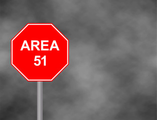 Stop Area 51 road side sign in sky background. Red Stop Sign, Isolated Traffic Regulatory Warning Signage, White Octagonal Frame, Metallic Post, Large Detailed Vertical Closeup. Vector illustration..