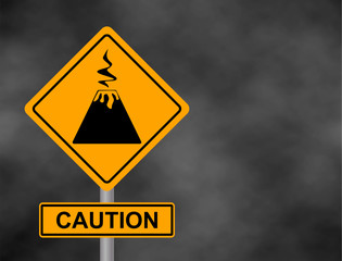 Background of dark grey sky with cumulus clouds and yellow road sign with text Danger Volcano. Bord the caution of a volcanic eruption. Vector illustration.