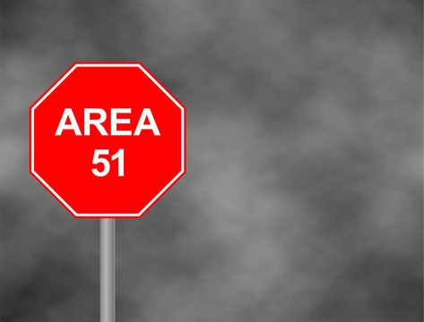 Stop Area 51 Road Side Sign In Sky Background. Red Stop Sign, Isolated Traffic Regulatory Warning Signage, White Octagonal Frame, Metallic Post, Large Detailed Vertical Closeup. Vector Illustration..