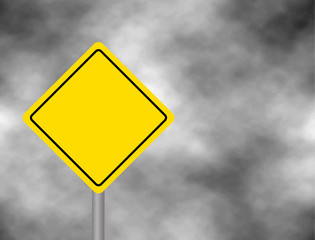 An empty traffic sign against a dark, cloudy and thunderous sky. Conceptually warning of danger ahead. Blank sign for your text space and message. Vector illustration.
