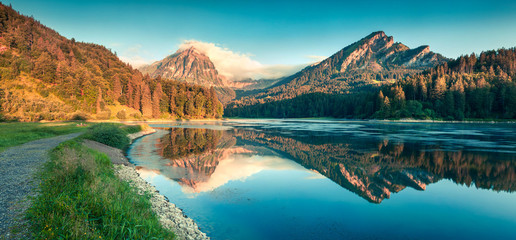 Great summer panorama of the Obersee lake