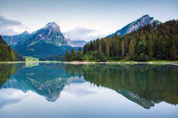 Misty summer landscape on the Obersee lake. C