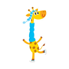 Cute little giraffe character ice skating in hat and scarf, winter activity, cartoon vector illustration isolated on white background. Little baby giraffe animal character ice skating in winter