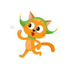 Cute little cat character playing, throwing snowball in hat and scarf, winter activity, cartoon vector illustration isolated on white background. Little baby cat, kitten character playing snowballs