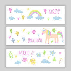 Unicorn design set with clouds and rainbow
