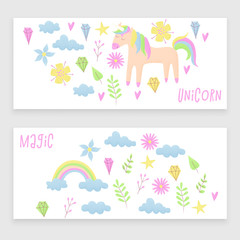 Unicorn design set with clouds and rainbow