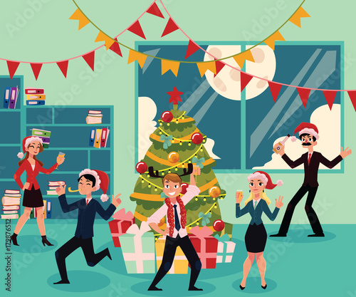 "People in Santa Claus hats having corporate Xmas party, celebrating