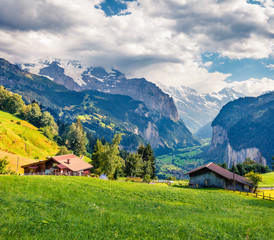 Fototapeta na wymiar Colorful summer view of Wengen village. Dramatic outdoor scene in Swiss Alps, Bernese Oberland in the canton of Bern, Switzerland, Europe. Artistic style post processed photo.