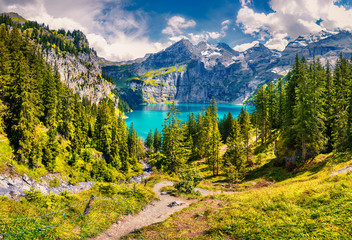 Picturesque summer view of unique Oeschinensee Lake