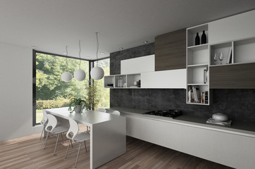 Clean modern kitchen with white table