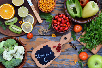 Composition of products containing ascorbic acid, vitamin C - citrus, cauliflower, broccoli, sweet...