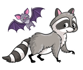 Raccoon and bat on a white background. Vector illustration in a cartoon style.