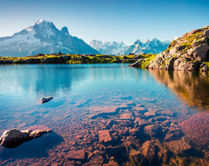 Colorful summer view ofthe Lac Blanc lake with Mont Blanc (Monte Bianco) on background, Chamonix...