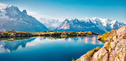 Poster Colorful summer panorama of the Lac Blanc lake with Mont Blanc (Monte Bianco) on background, Chamonix location © Andrew Mayovskyy