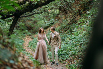 A happy couple is walking on a trail in an autumn forest. Bride and groom are looking at each other on nature.