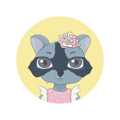 Raccoon. round icon with an animal. Cute cartoon style for baby product