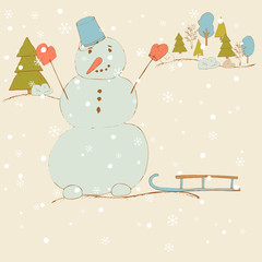 Snowman with sleds. Landscape. Vector hand draw illustration