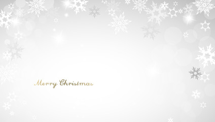 Christmas light background with white snowflakes and golden Merry Christmas text - light version