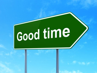 Timeline concept: Good Time on green road highway sign, clear blue sky background, 3D rendering