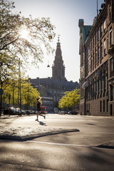 Runner against city scenery