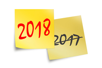 2018 and 2017 written on yellow sticky notes isolated on white