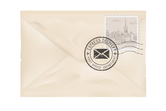 Envelope with black postmark and stamp
