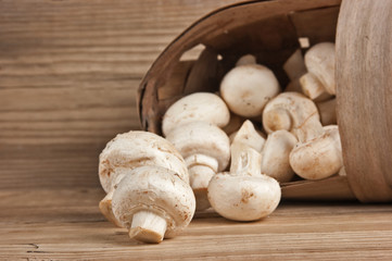 Basket with mushrooms on wooden background