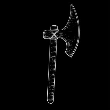 Viking axe. Hand drawn sketch on black background