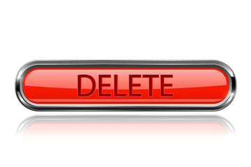 Long red DELETE button with bold chrome frame. 3d shiny icon