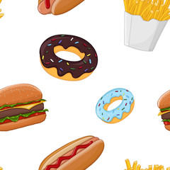 Fast food seamless pattern. Colored vector illustration isolated on white background