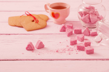 cookies heart on pink wooden background