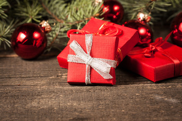 Luxury New Year gifts, different present boxes under Christmas tree in holiday eve, Christmastime celebration, home decorated with festive shiny balls, magic night