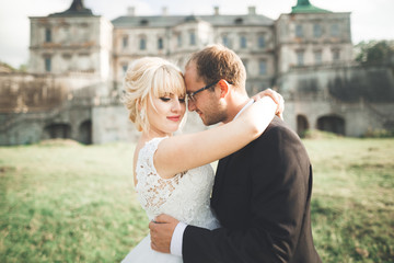 Fototapeta premium Beautiful fairytale newlywed couple hugging near old medieval castle