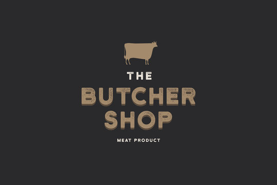 Butcher shop logo. Butchery label with sample text. Scheme and silhouette of a cow. Vector vintage illustration.