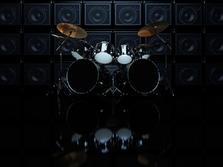 Black drum set in a dark room, on a background of guitar amps. 3D Render