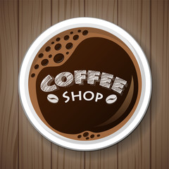 Concept of poster with a cup of coffee on wooden background. Vector.