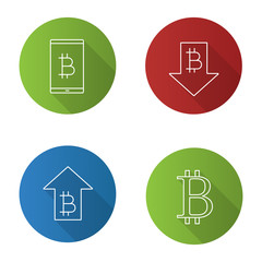 Bitcoin flat linear long shadow icons set