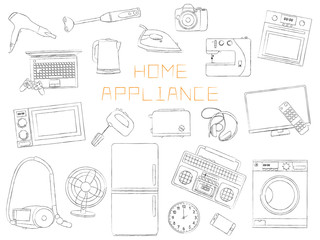 hand-drawn household appliances on a white background