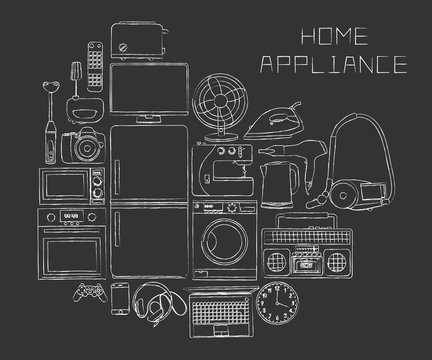 hand-drawn household appliances on a black background