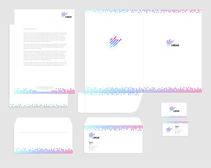 Business corporate identity set vector template, white background, colorful square, linear logo. Card, blank, folder, envelope.