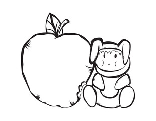 small bunny and a large green apple, useful fruit for children, child in a bunny costume, vector image, black and white image