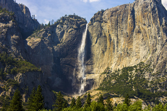 Views of Yosemite Falls from Yosemite Valley, the highest waterfall in North America. Yosemite National Park, California. A World Heritage Site since 1984