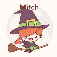 Cute chibi kawaii characters Halloween set. Witch on a broomstick in the background of the moon. Flat cartoon style