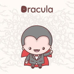 Cute chibi kawaii characters Halloween set. Dracula stands in the background of bats and welcomes with his hand. Flat cartoon style