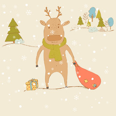 A deer with a bag of presents. Landscape. Vector hand draw illustration