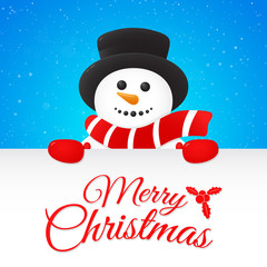 Christmas card with happy snowman and wishes. Vector.